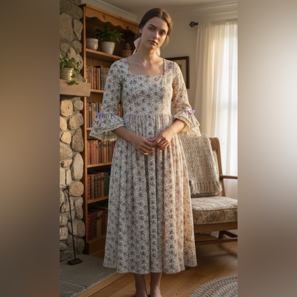 Vintage Handmade Floral Midi Dress with Purple Accents - Picture 2 of 11
